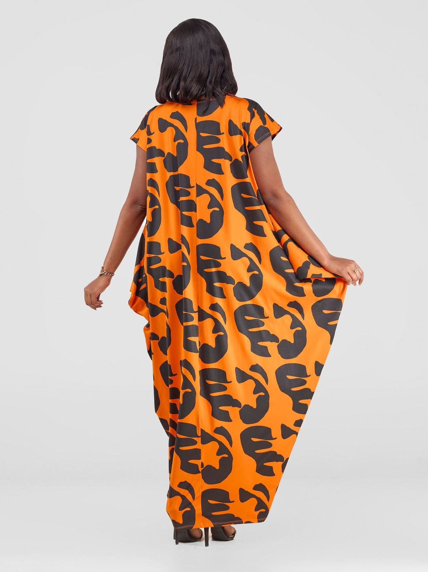 Vivo Fimi Drop Shoulder Maxi Dress - Orange/ Black Chana Print - Shopzetu