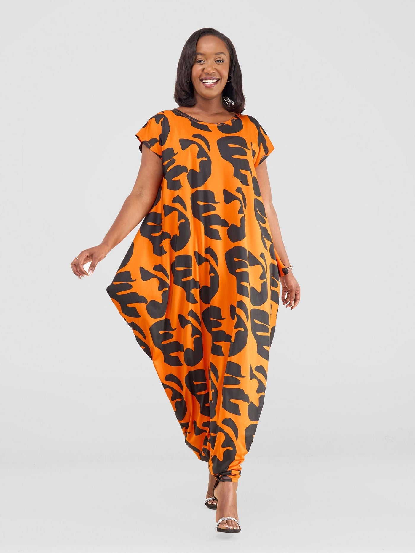 Vivo Fimi Drop Shoulder Maxi Dress - Orange/ Black Chana Print - Shopzetu