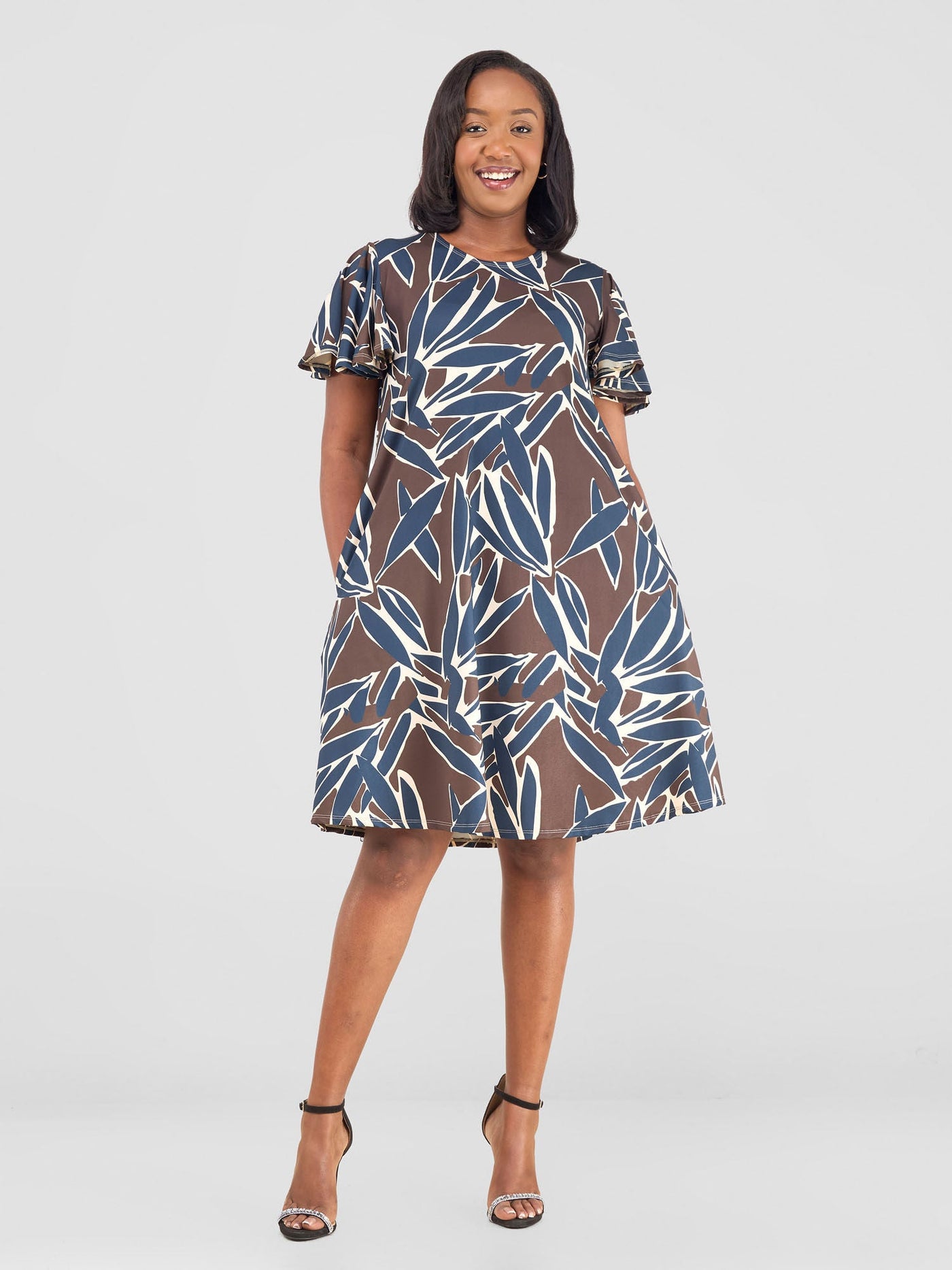 Ruwa Flounce Sleeve Knee Length Tent Dress - Navy / Brown Tawi Print