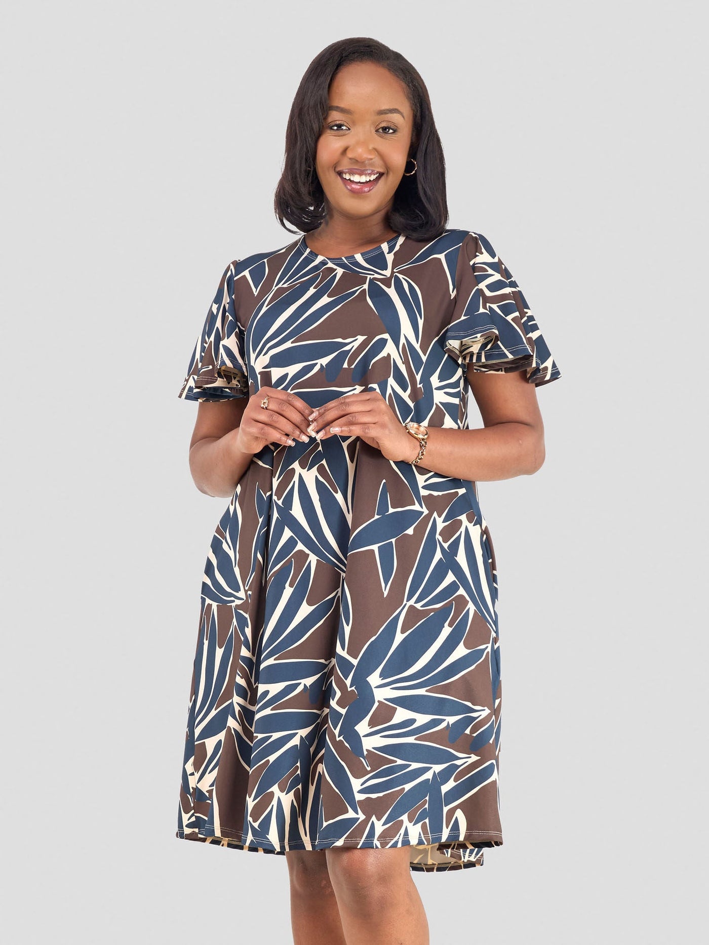 Ruwa Flounce Sleeve Knee Length Tent Dress - Navy / Brown Tawi Print