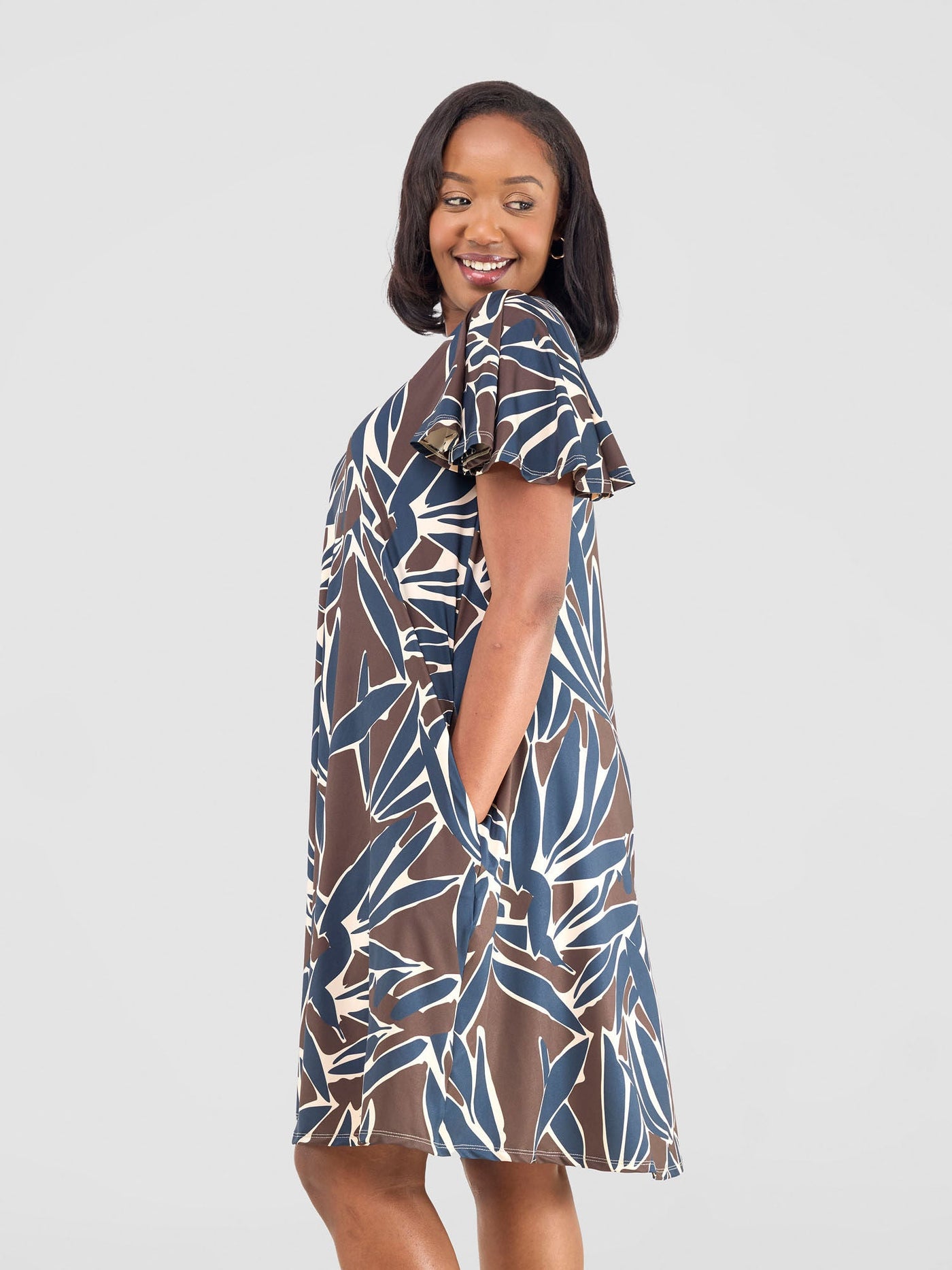 Ruwa Flounce Sleeve Knee Length Tent Dress - Navy / Brown Tawi Print