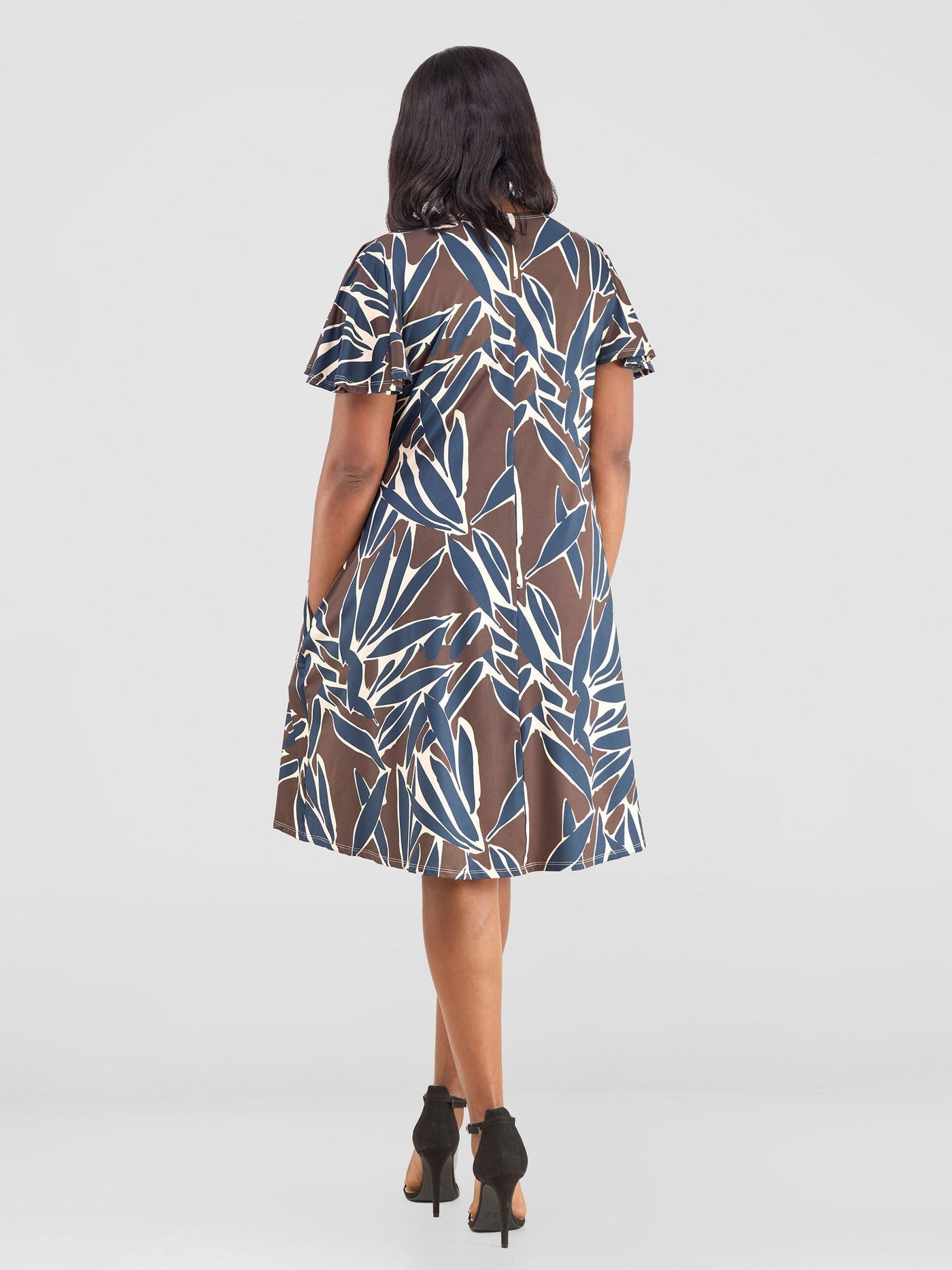 Ruwa Flounce Sleeve Knee Length Tent Dress - Navy / Brown Tawi Print