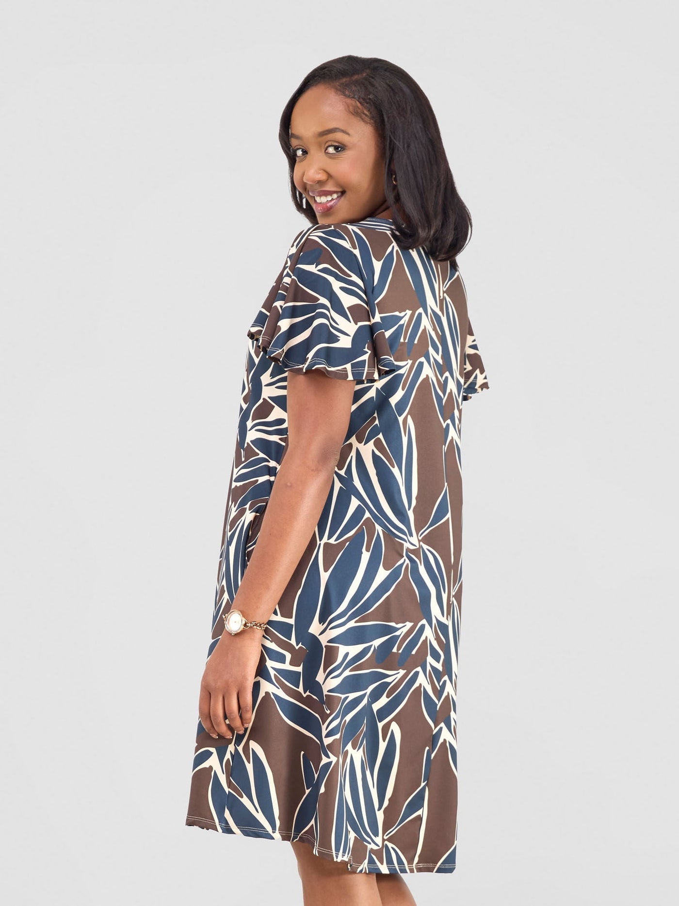 Ruwa Flounce Sleeve Knee Length Tent Dress - Navy / Brown Tawi Print