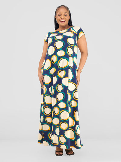 Vivo Basic Cap Sleeve Maxi Tent Dress - Navy Polka Print - Shopzetu