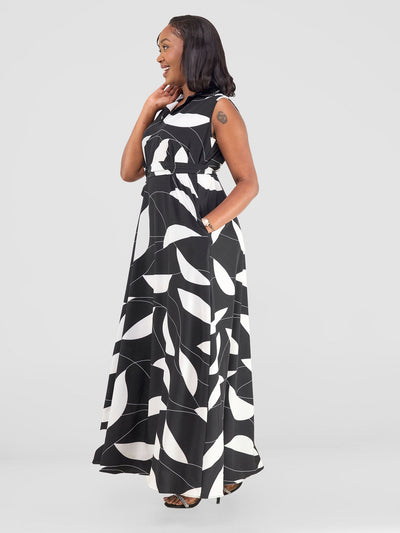 Vivo Zuri Sleeveless Tent Maxi Dress - Black / White Leaves Print