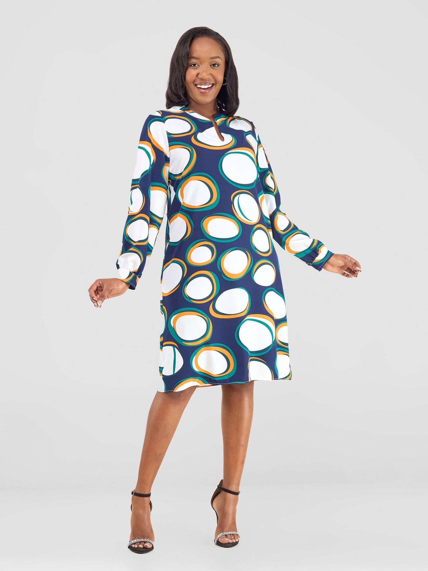 Vivo Zena Long Sleeve Mandarin Collar Shift Dress - White / Teal Polka Print - Shopzetu