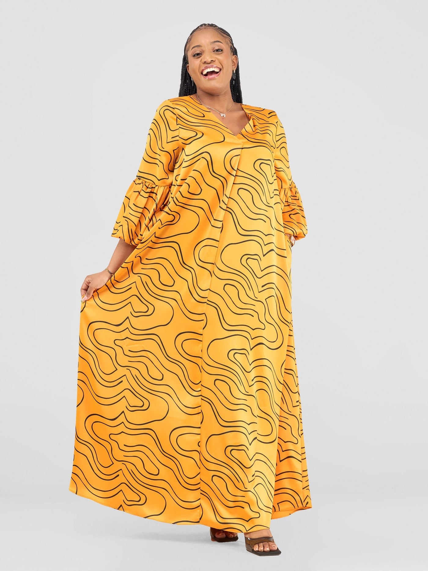 Vivo Hanabi Tent Maxi Dress - Mustard/ Black Hini Print - Shopzetu