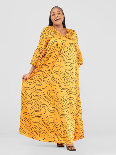 Vivo Hanabi Tent Maxi Dress - Mustard/ Black Hini Print - Shopzetu