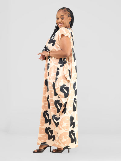 Vivo Fimi Drop Shoulder Maxi Dress - Tan/ Black Chana Print