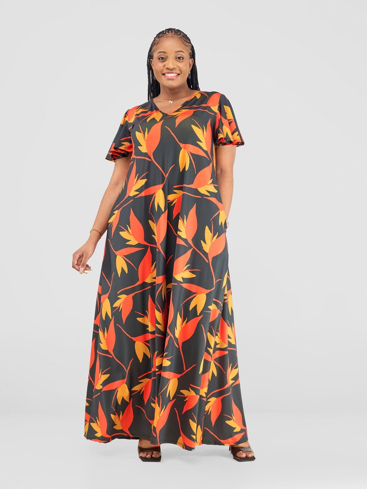 Ruwa Flounce Sleeve Tent Maxi Dress - Navy / Orange Mizan Print