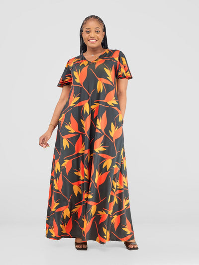 Vivo Ruwa Flounce Sleeve Tent Maxi Dress - Mustard / Orange Mizan Print - Shopzetu