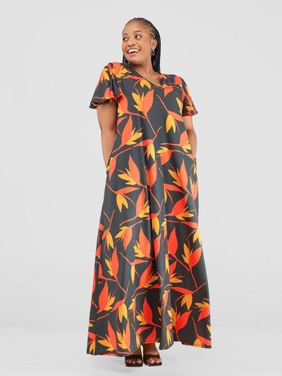 Ruwa Flounce Sleeve Tent Maxi Dress - Navy / Orange Mizan Print