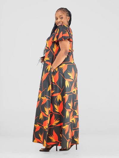 Ruwa Flounce Sleeve Tent Maxi Dress - Navy / Orange Mizan Print