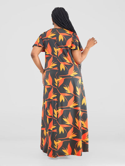 Ruwa Flounce Sleeve Tent Maxi Dress - Navy / Orange Mizan Print