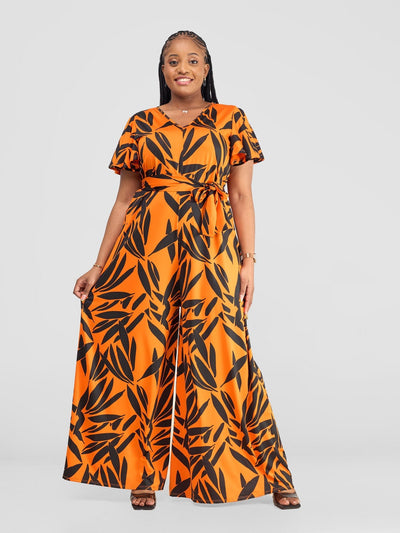 Vivo Ruwa Flounce Sleeve Jumpsuit - Orange / Black Twi Print - Shopzetu