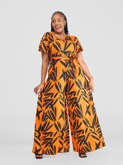 Vivo Ruwa Flounce Sleeve Jumpsuit - Orange / Black Twi Print - Shopzetu