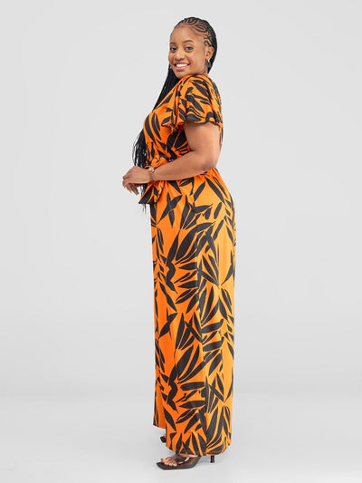 Vivo Ruwa Flounce Sleeve Jumpsuit - Orange / Black Twi Print - Shopzetu