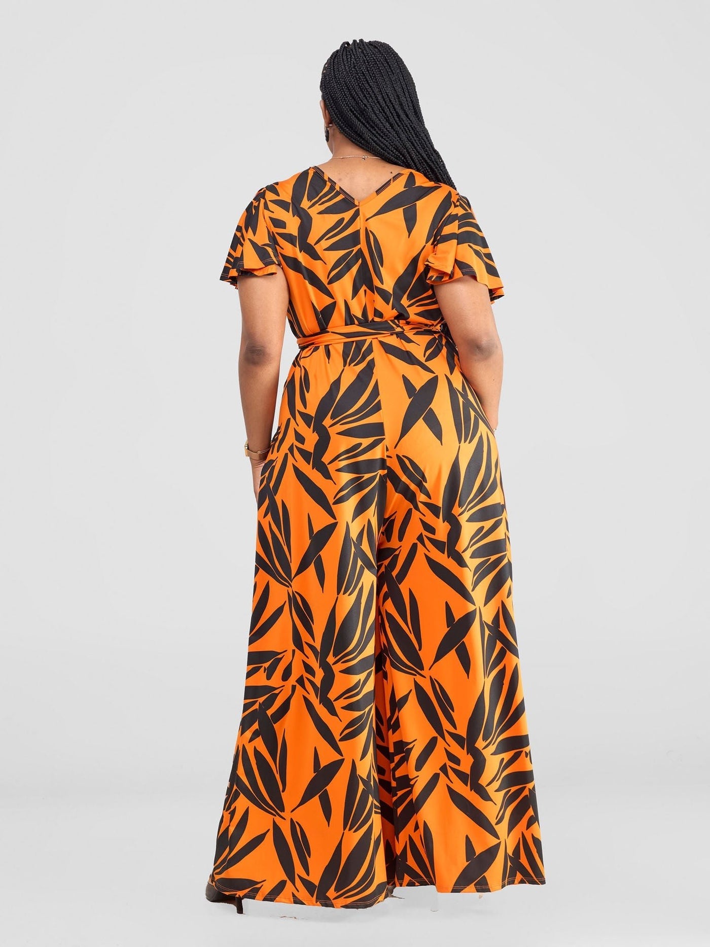 Vivo Ruwa Flounce Sleeve Jumpsuit - Orange / Black Twi Print - Shopzetu