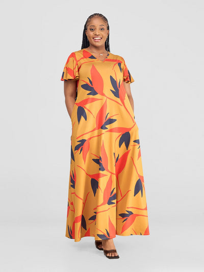 Ruwa Flounce Sleeve Tent Maxi Dress - Mustard / Orange Mizan Print