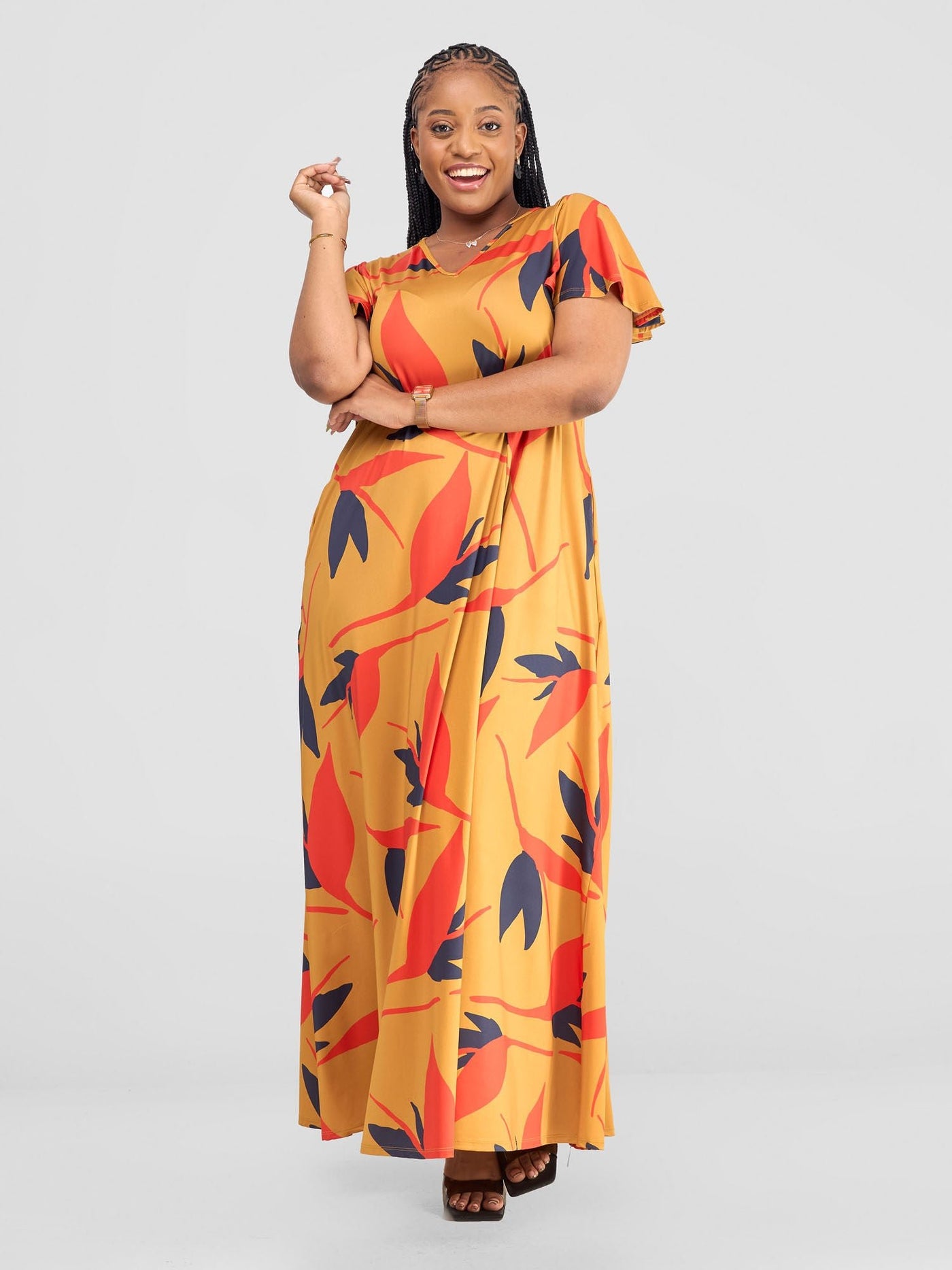 Ruwa Flounce Sleeve Tent Maxi Dress - Mustard / Orange Mizan Print