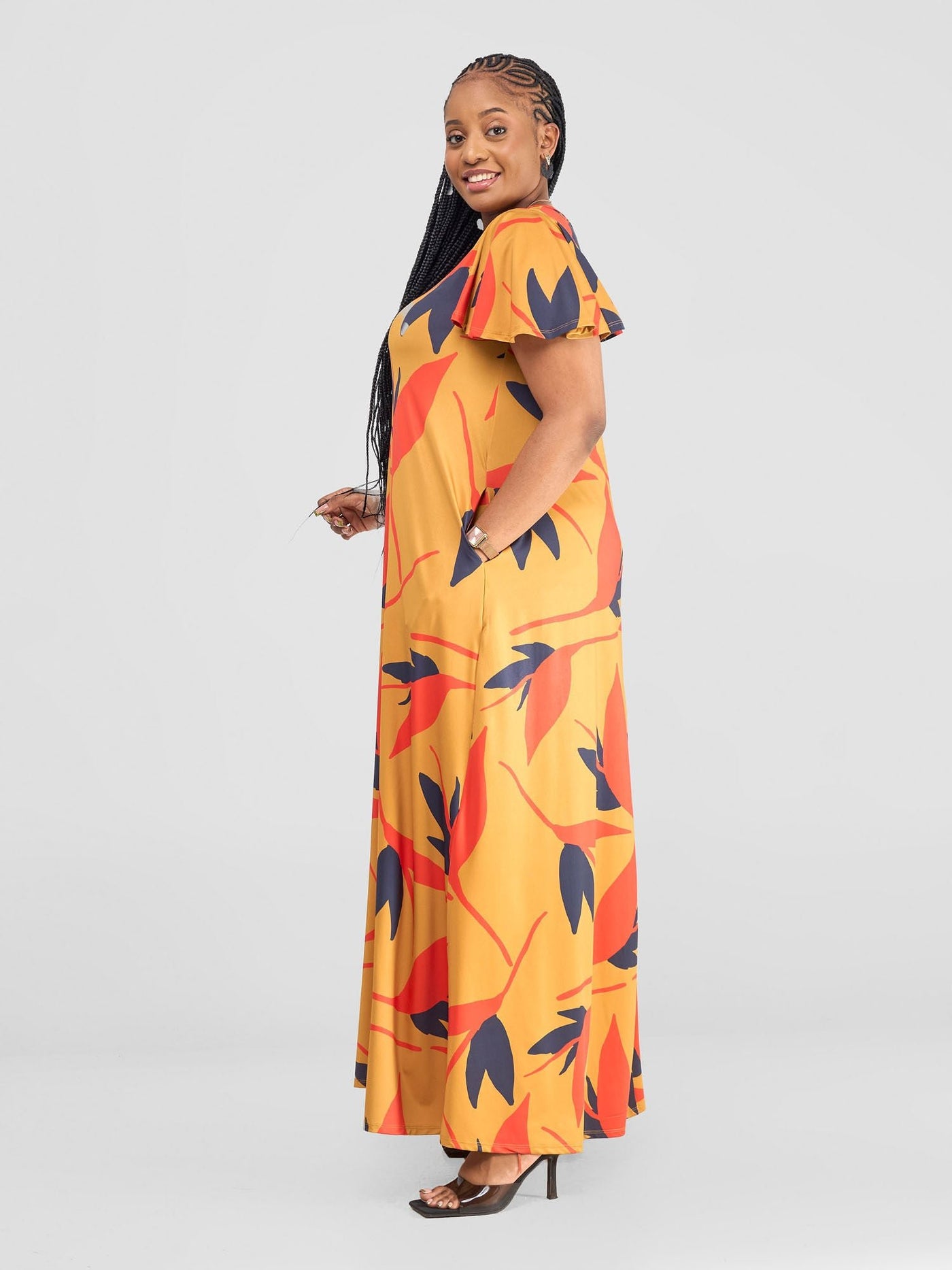 Ruwa Flounce Sleeve Tent Maxi Dress - Mustard / Orange Mizan Print