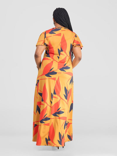 Ruwa Flounce Sleeve Tent Maxi Dress - Mustard / Orange Mizan Print