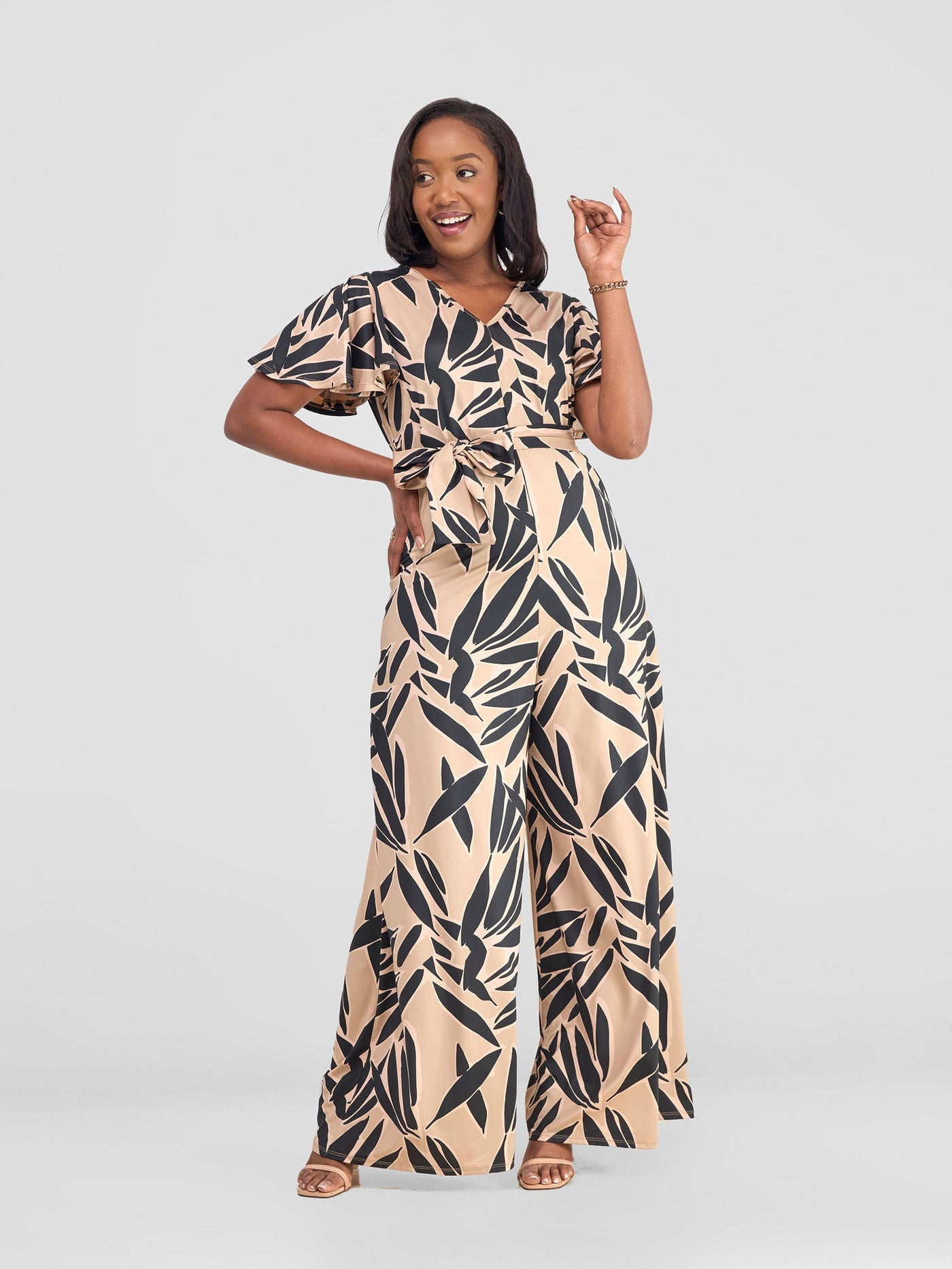 Vivo Ruwa Flounce Sleeve Jumpsuit - Taupe / Black Tawi Print - Shopzetu