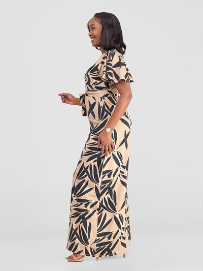 Vivo Ruwa Flounce Sleeve Jumpsuit - Taupe / Black Tawi Print - Shopzetu