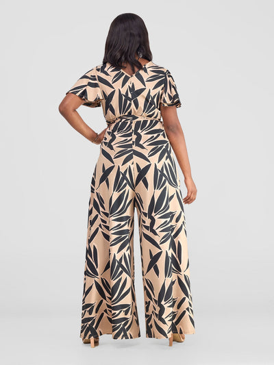 Vivo Ruwa Flounce Sleeve Jumpsuit - Taupe / Black Tawi Print - Shopzetu