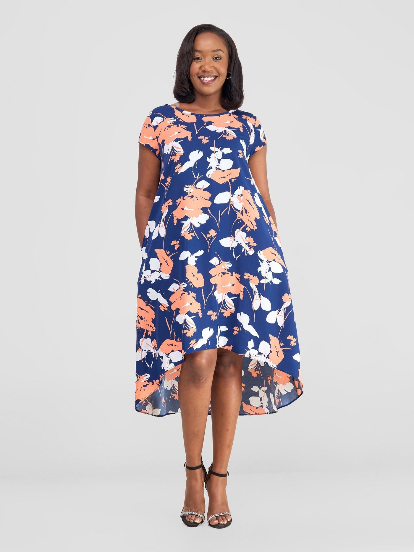 Vivo Jema High Low Tent Dress - Navy / White Floral Print - Shopzetu