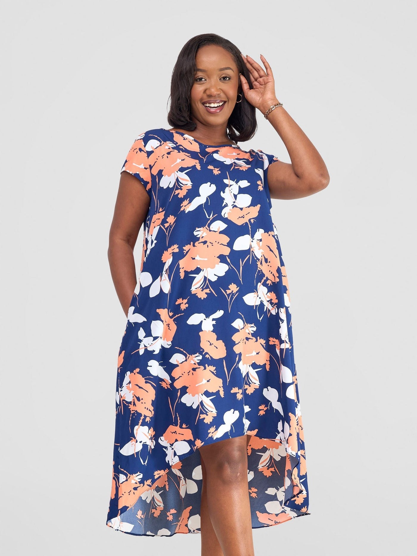 Vivo Jema High Low Tent Dress - Navy / White Floral Print - Shopzetu