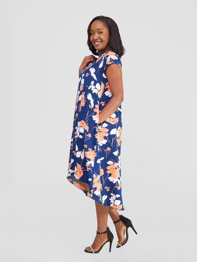 Vivo Jema High Low Tent Dress - Navy / White Floral Print - Shopzetu