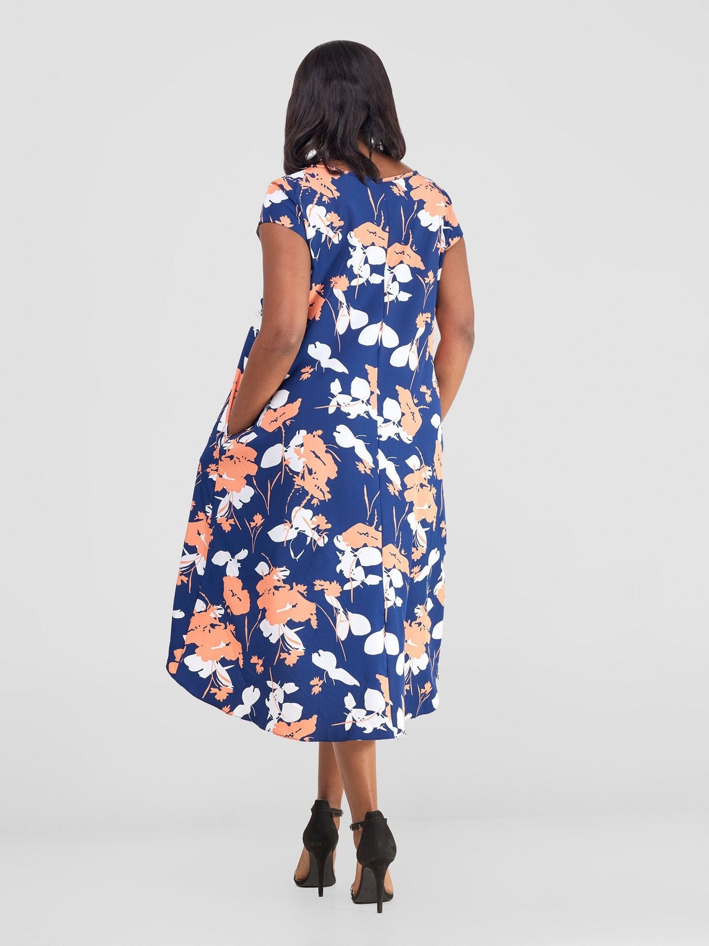 Vivo Jema High Low Tent Dress - Navy / White Floral Print - Shopzetu