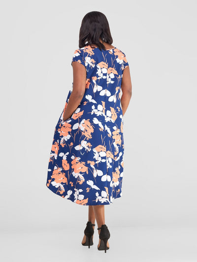 Vivo Jema High Low Tent Dress - Navy / White Floral Print - Shopzetu