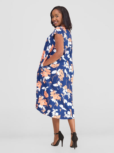 Vivo Jema High Low Tent Dress - Navy / White Floral Print - Shopzetu