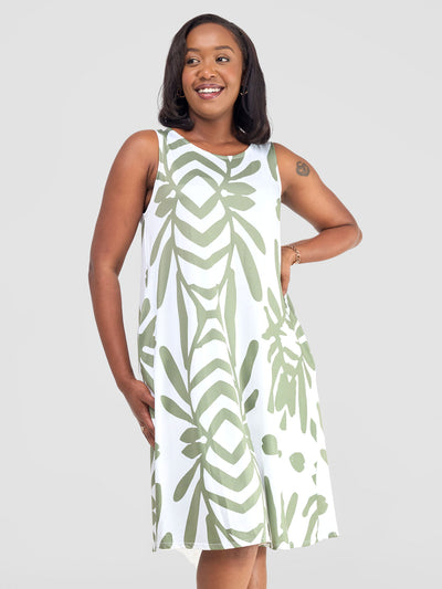 Amara Back Pleat Dress - Hunters / White Ukwi Print