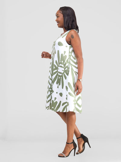 Amara Back Pleat Dress - Hunters / White Ukwi Print