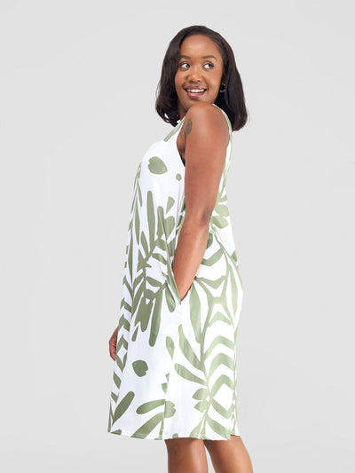 Amara Back Pleat Dress - Hunters / White Ukwi Print