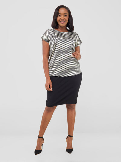 Vivo Basic Satin Dropped Shoulder Top - Black / Grey Deli Print