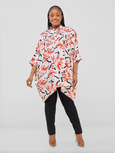 Mistari 3/4 Sleeve V - Neck Collared Tunic Top - White / Red Abstract Print - Shopzetu