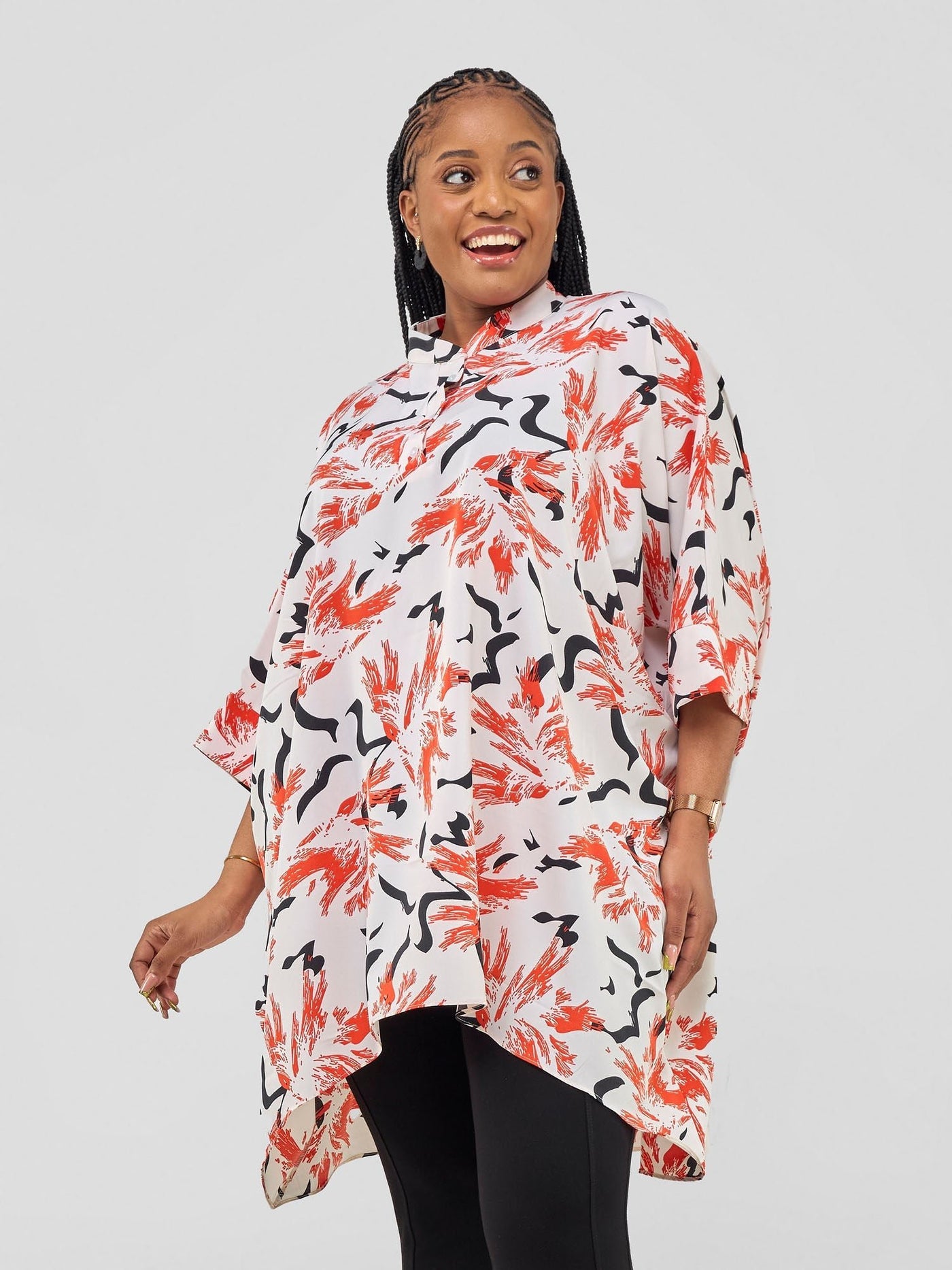 Mistari 3/4 Sleeve V - Neck Collared Tunic Top - White / Red Abstract Print - Shopzetu