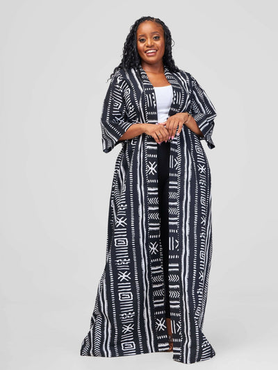 African Yuva Marijani African Print Kimono - Black / White Tribal Print - Shopzetu
