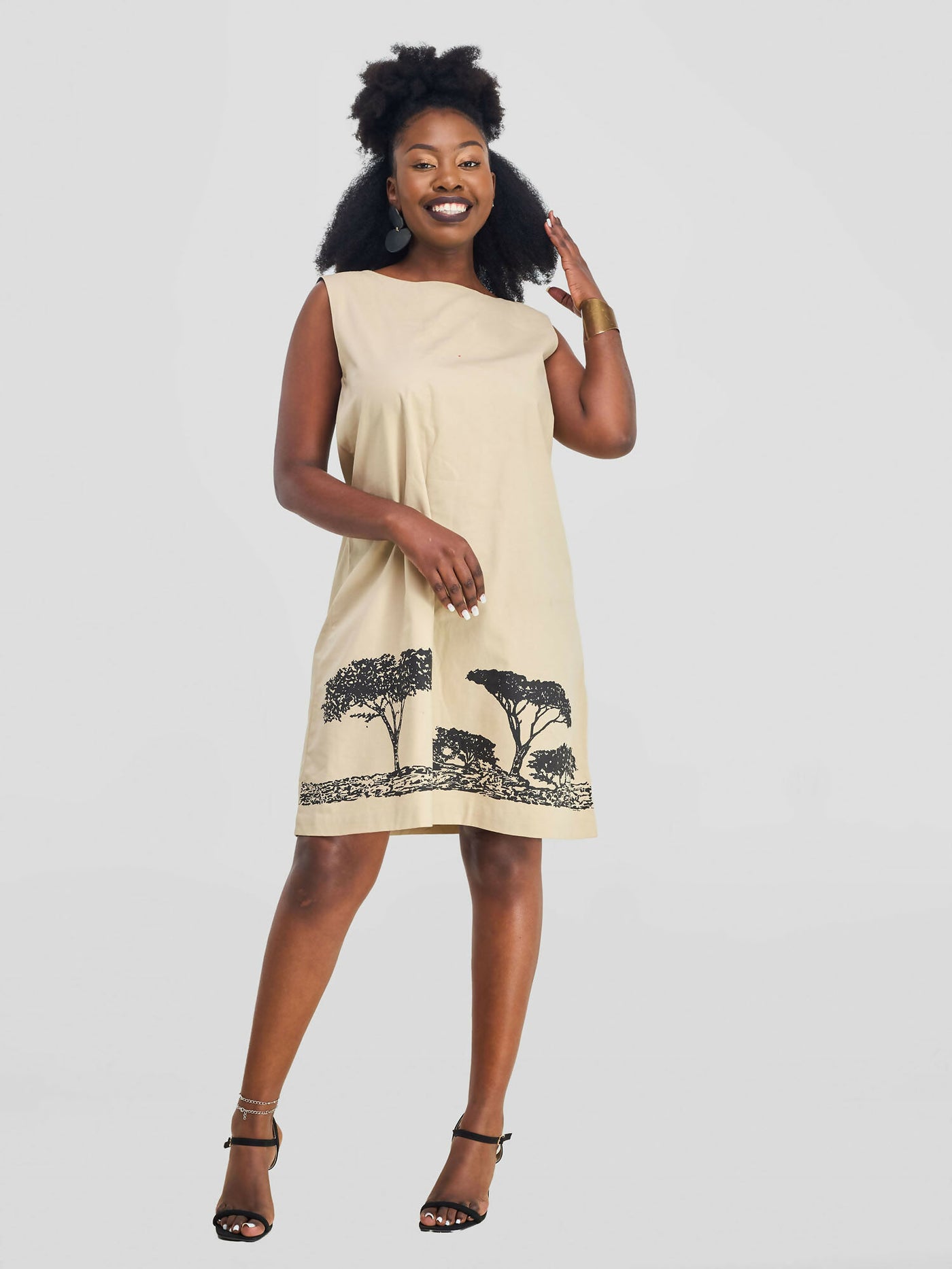 Sleeveless Tree Line Dress - Beige - Shopzetu