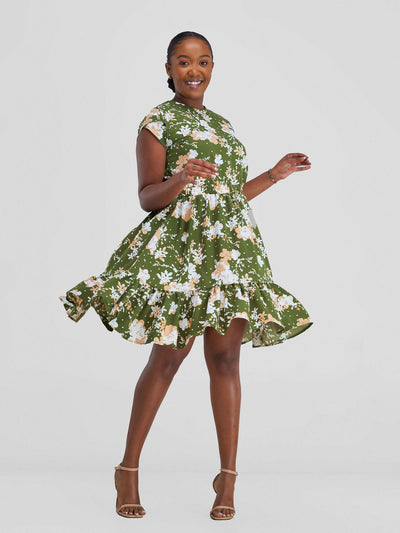 Elsie Glamour Ivy Floral Dress - Green Floral Print