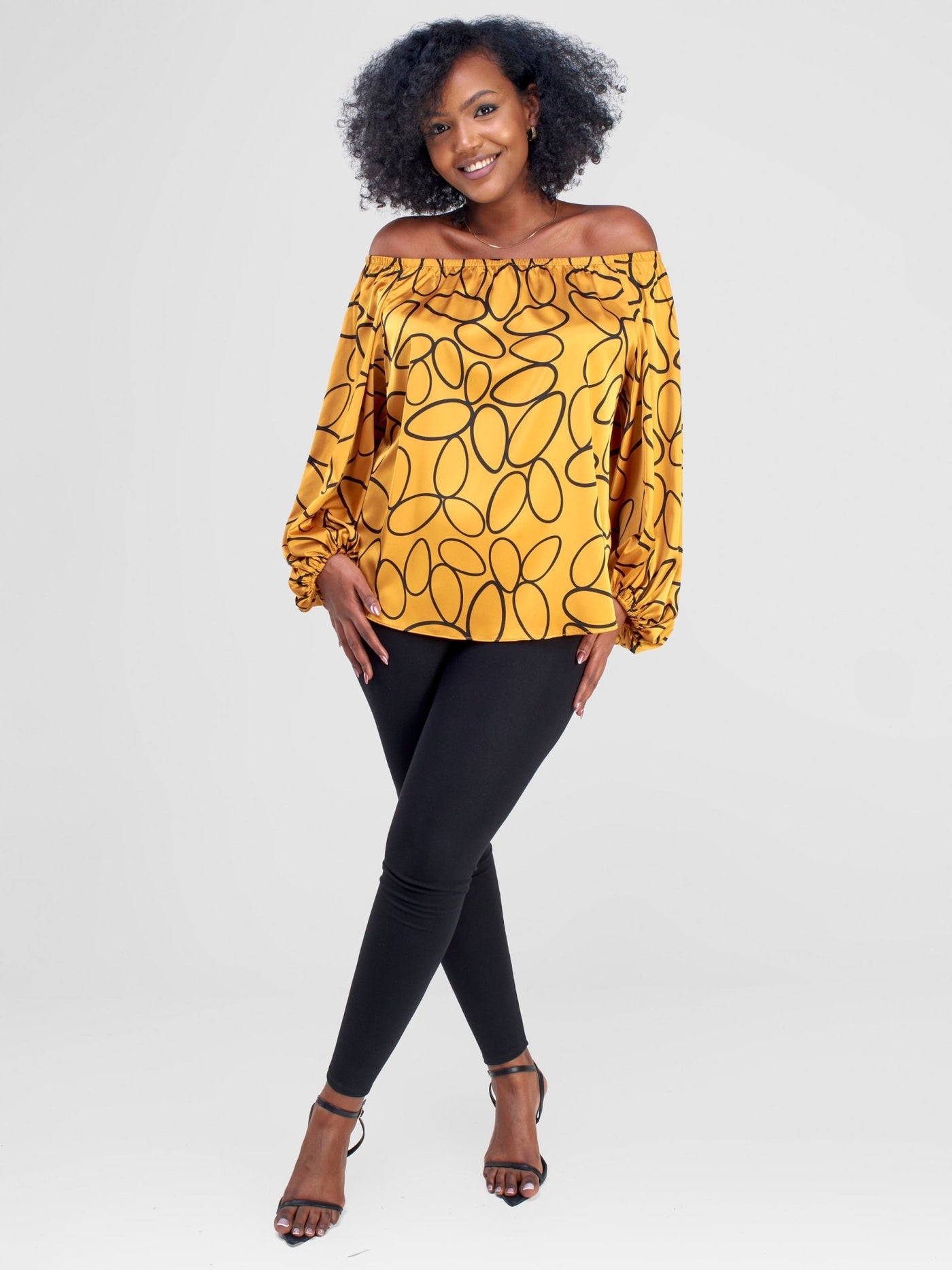 Vivo Hanabi Off - Shoulder Top - Mustard Koto Print - Shopzetu