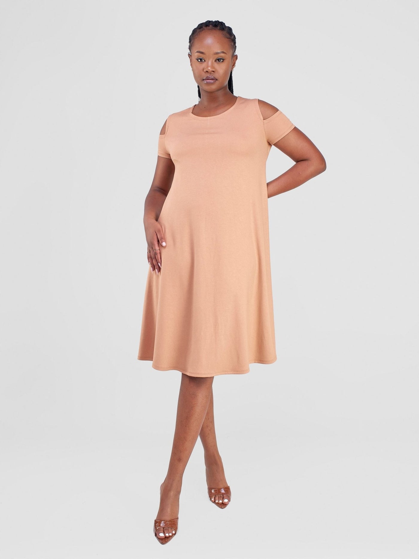 Vivo Lamu Knee Length Cold Shoulder Dress - Tan - Shopzetu