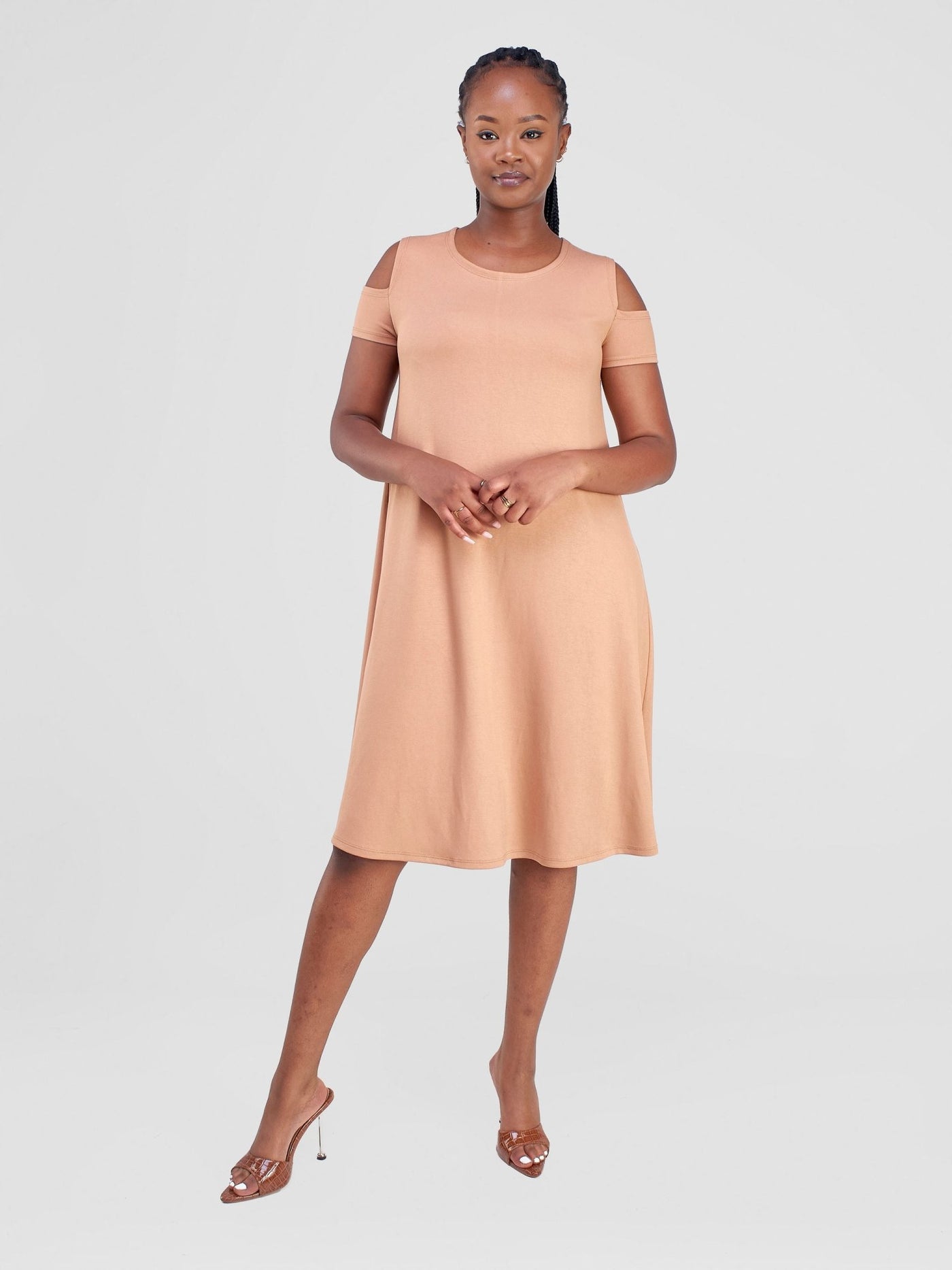 Vivo Lamu Knee Length Cold Shoulder Dress - Tan - Shopzetu