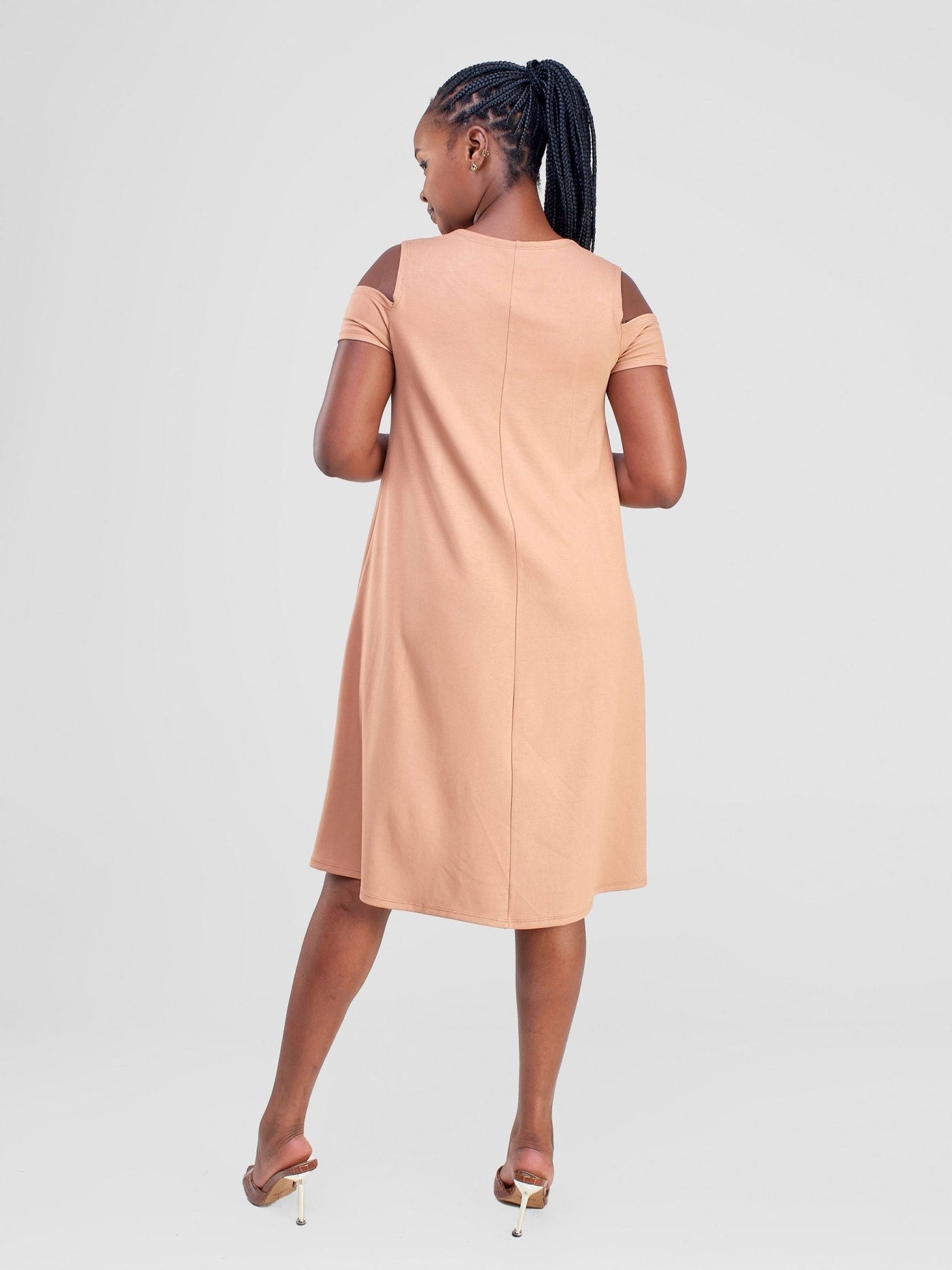 Vivo Lamu Knee Length Cold Shoulder Dress - Tan - Shopzetu