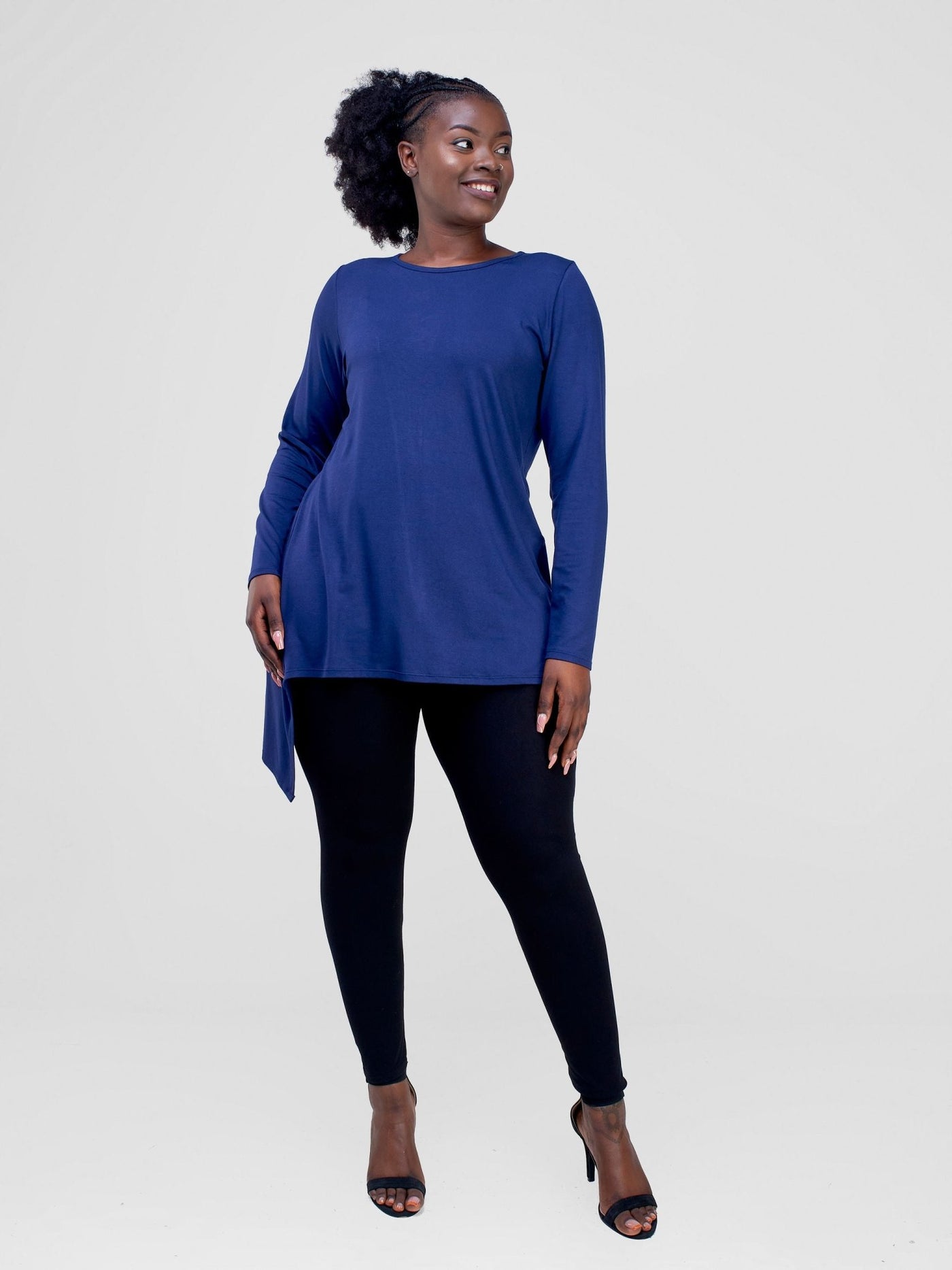 Vivo Wingu Long Sleeve Side Drape Tunic Top - Navy Blue - Shopzetu