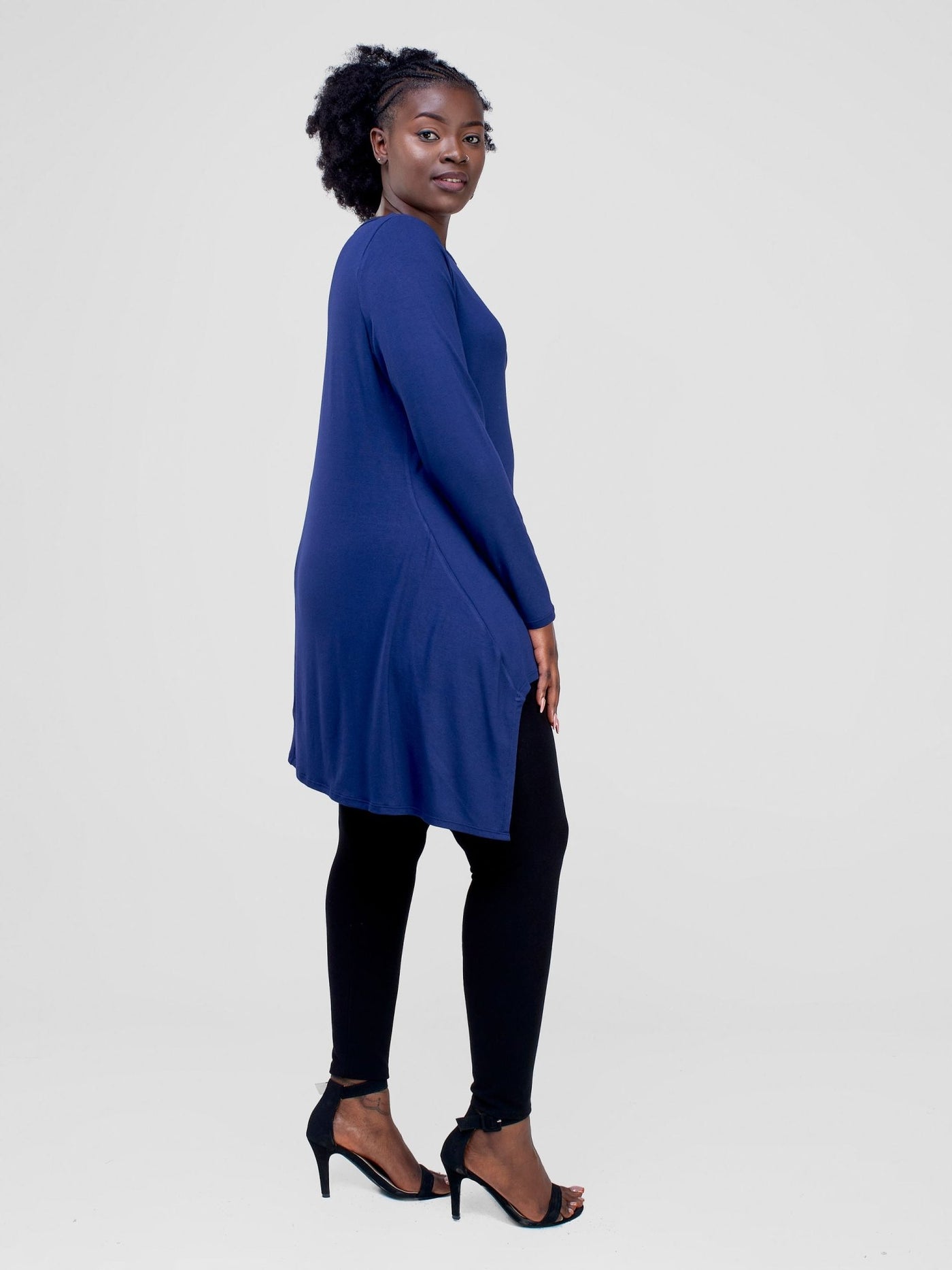 Vivo Wingu Long Sleeve Side Drape Tunic Top - Navy Blue - Shopzetu